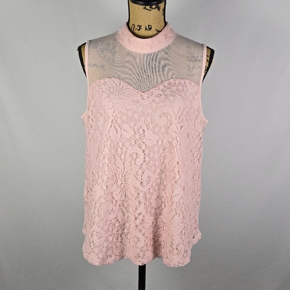 Eve & Maddie Tops - Eve & Maddie Pink Lace Sleeveless Blouse Sheer Mesh Yoke Top XL Romantic Chic